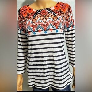 Lucky Brand Striped Top with Ikat Vibrant Pattern, Boat Neck Sz 1X